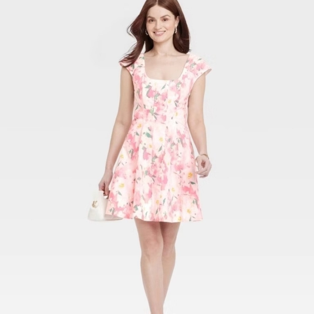 NWT a new day Fit and Flare Mini Cap Sleeve Floral Dress Size 6 Pink Small